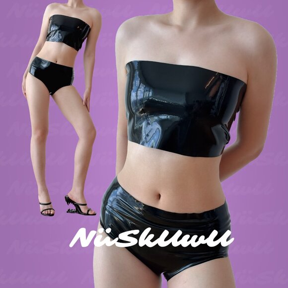 Latex Tube Top, Shiny Latex Strapless Bandeau for Clubwear, and Festival Outfits - Picture 2 of 10